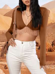 Western Fringe Trim Crop Top - Brown - View 5