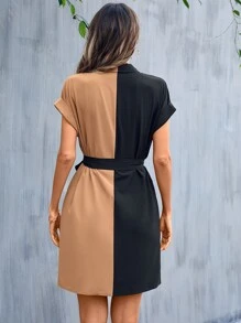 SHEIN LUNE Colourblock Button Front Belted Shirt Dress - Multicolor - View 2