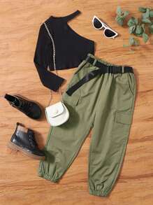 Toddler Girls Ribbed Knit Tee & Flap Pocket Belted Cargo Pants - Multicolor - View 1