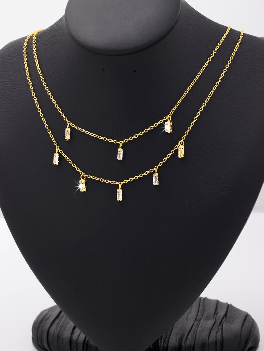 Cubic Zirconia Charm Layered Necklace - Yellow Gold - View 1