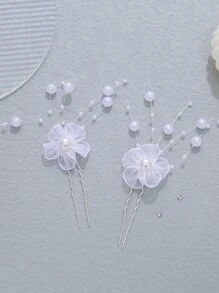 2pcs Flower & Faux Pearl Decor Bridal Hair Pin - White - View 1