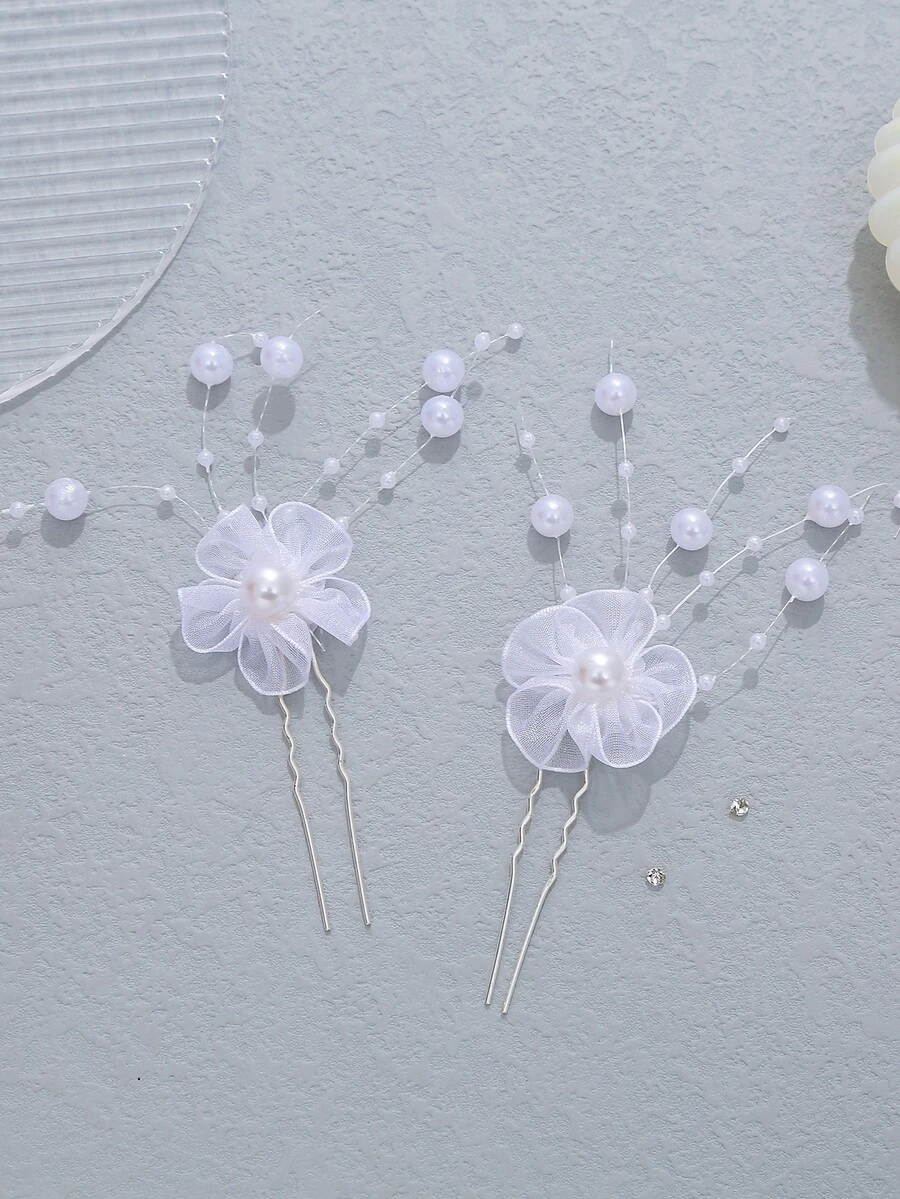 2pcs Flower & Faux Pearl Decor Bridal Hair Pin - White - View 1