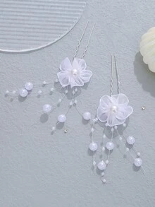 2pcs Flower & Faux Pearl Decor Bridal Hair Pin - White - View 3