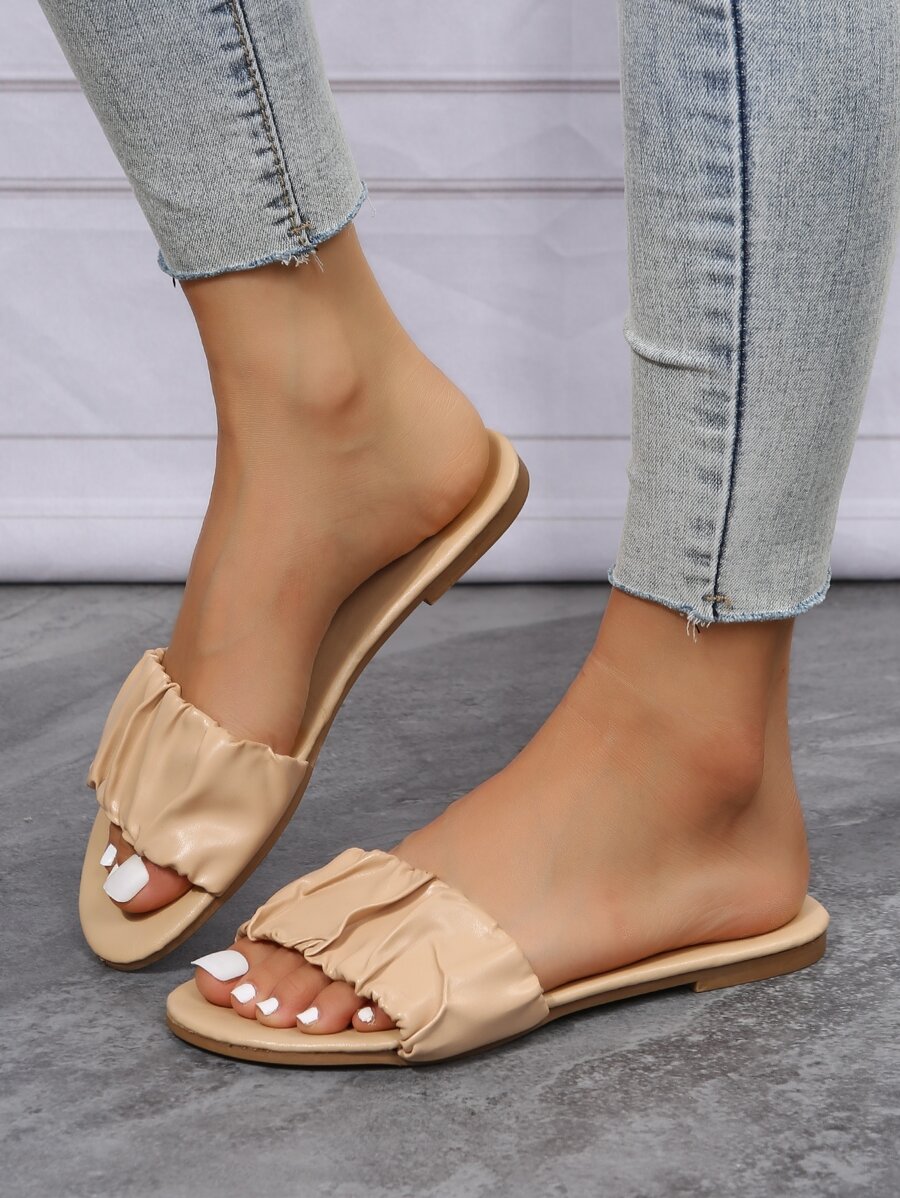 Ruched Detail Single Band Slide Sandals - Apricot - View 1