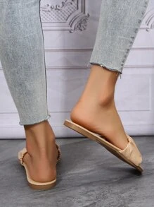 Ruched Detail Single Band Slide Sandals - Apricot - View 2