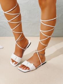 Women's Flat Lace-Up Square Toe Sandals, Vacation Style White Casual Flat Slide Sandals - White - View 6