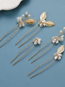 5 件女士手工制作优雅金色仿珍珠花朵和叶子发夹，适合新娘婚礼派对情人节 - 金色 - 查看 2