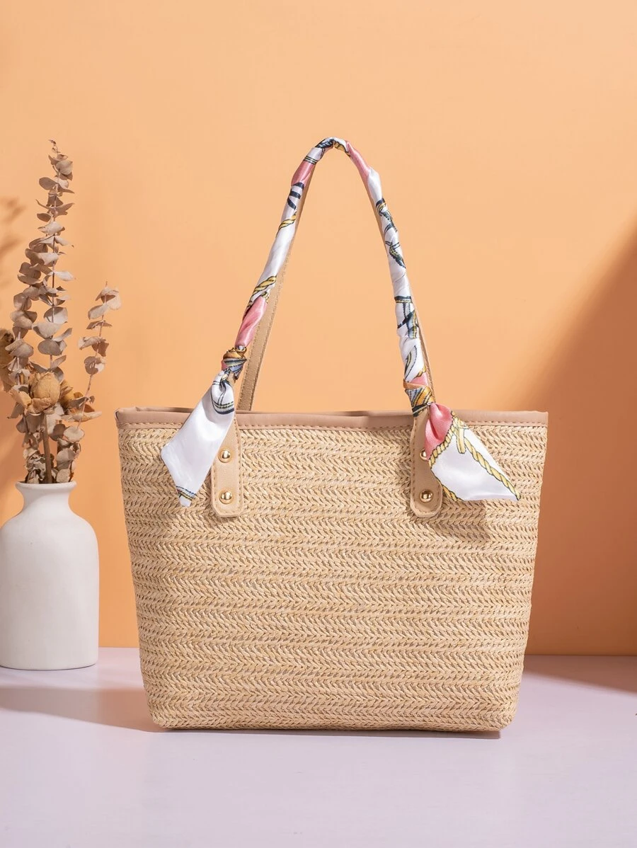 Skinny Scarf Decor Straw Bag - Apricot - View 1