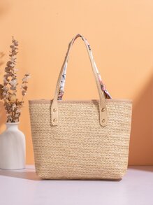 Skinny Scarf Decor Straw Bag - Apricot - View 2