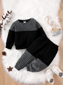 SHEIN Baby Boy Two Tone Textured Sweatshirt & Sweatpants - Multicolor - View 3