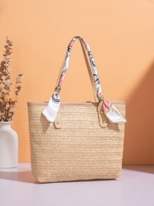 Skinny Scarf Decor Straw Bag - Apricot - View 5