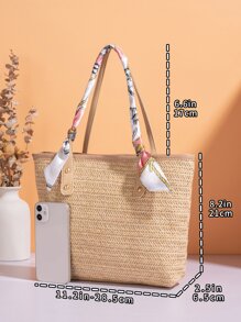 Skinny Scarf Decor Straw Bag - Apricot - View 3