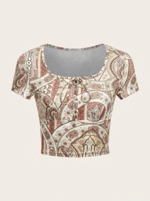 ROMWE Paisley Graphic Knot Crop Tee - Multicolor - View 1