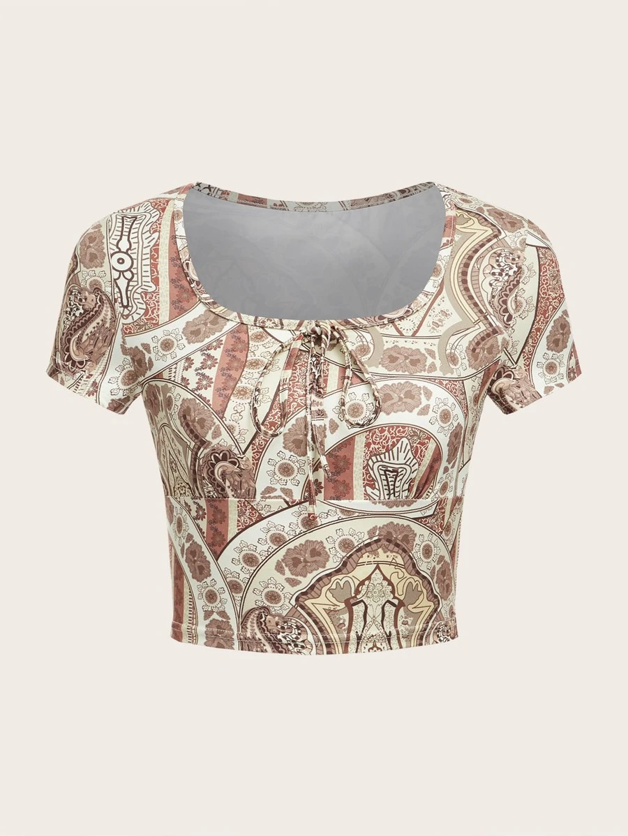 ROMWE Paisley Graphic Knot Crop Tee - Multicolor - View 1