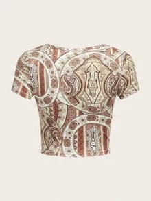 ROMWE Paisley Graphic Knot Crop Tee - Multicolor - View 2