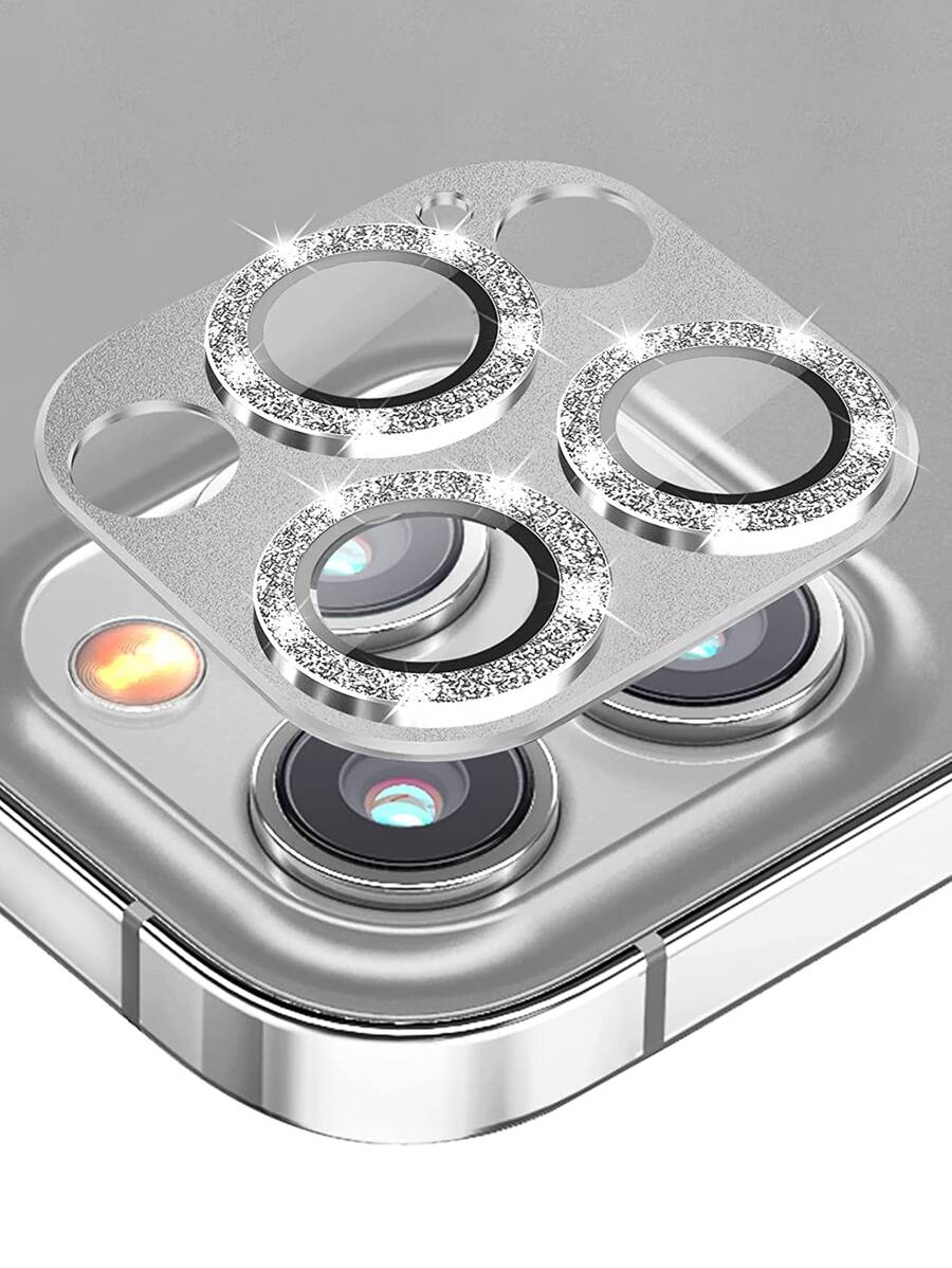 1pc Glitter Lens Protector Compatible With iPhone15/15Plus/15Pro/15Promax - Silver - View 1