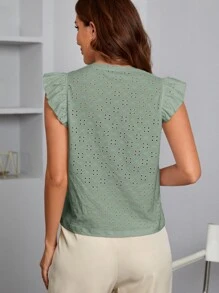 SHEIN Privé Áo thun nữ Xù Tranh thêu màu trơn Boho - Màu xanh Bạc hà - Xem 2