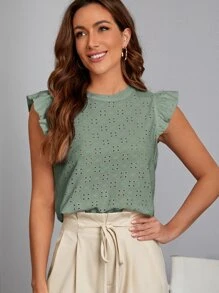 SHEIN Privé Áo thun nữ Xù Tranh thêu màu trơn Boho - Màu xanh Bạc hà - Xem 3