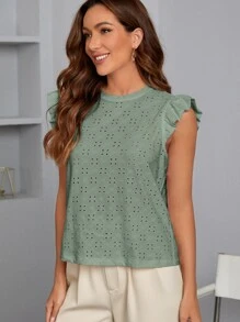 SHEIN Privé Áo thun nữ Xù Tranh thêu màu trơn Boho - Màu xanh Bạc hà - Xem 4