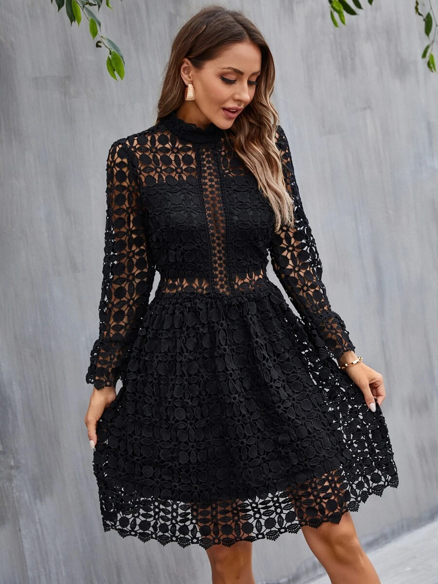 Eilly Bazar Women's Stand Collar Lace Hollow Long Sleeve Elegant Short Dress