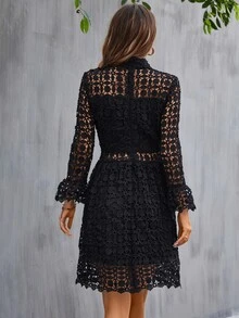 Eilly Bazar Women's Stand Collar Lace Hollow Long Sleeve Elegant Short Dress