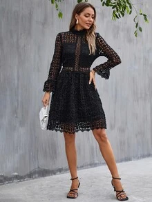 Eilly Bazar Women's Stand Collar Lace Hollow Long Sleeve Elegant Short Dress
