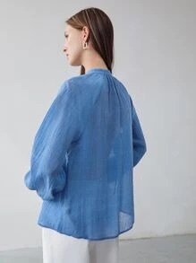 MOTF PREMIUM LINEN BALLOON SLEEVE BLOUSE - Blue - View 3