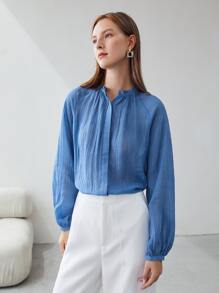 MOTF PREMIUM LINEN BALLOON SLEEVE BLOUSE - Blue - View 4