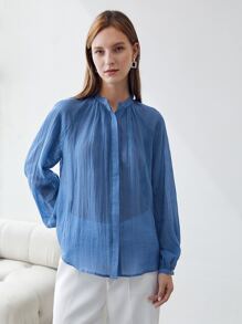 MOTF PREMIUM LINEN BALLOON SLEEVE BLOUSE - Blue - View 9