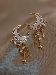 Rhinestone Moon & Star Decor Drop Earrings - Yellow Gold - View 1