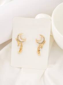 Rhinestone Moon & Star Decor Drop Earrings - Yellow Gold - View 3