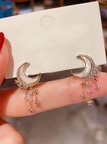 Rhinestone Moon & Star Decor Drop Earrings - Yellow Gold - View 2