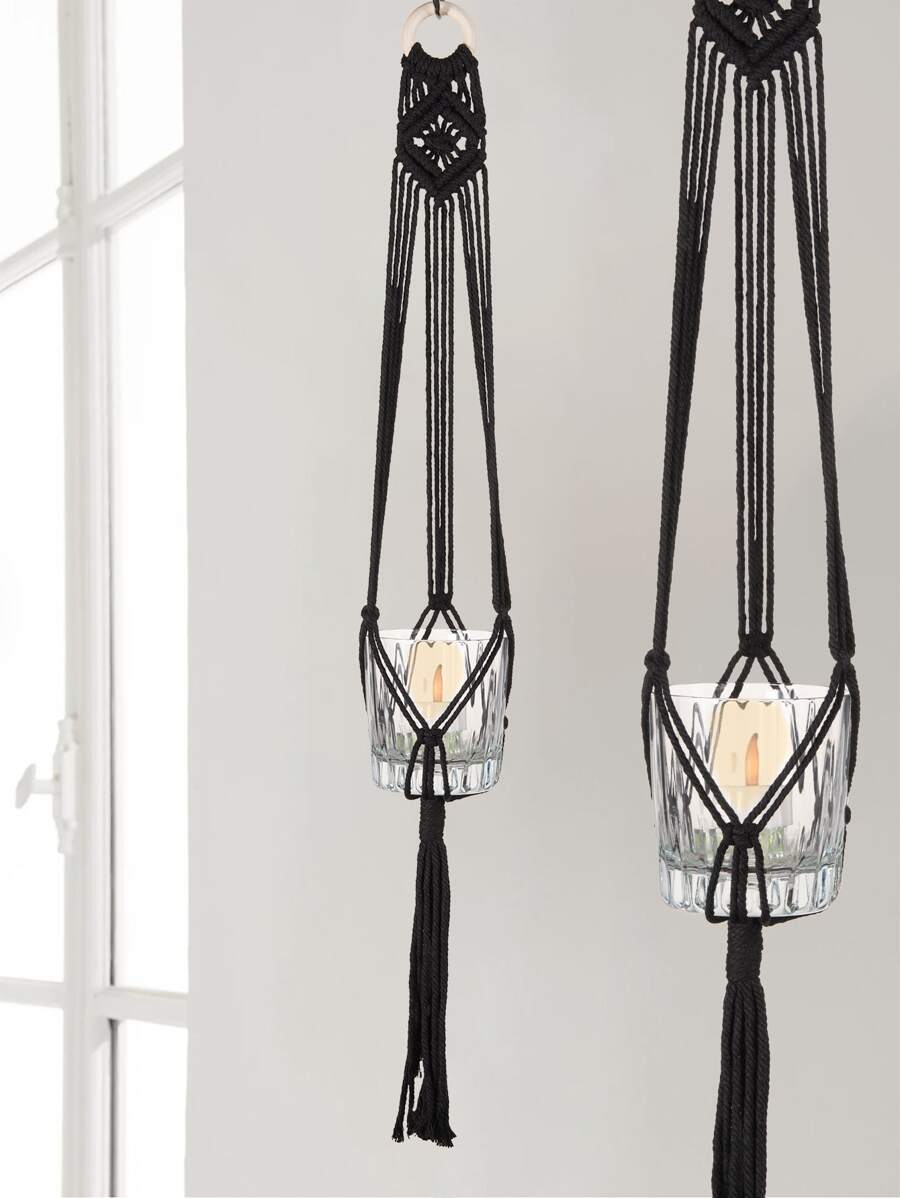 1pc Woven Plant Hanger - Black - View 1
