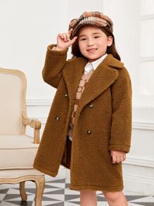 SHEIN Toddler Girls Double Breasted Lapel Neck Teddy Coat - Brown - View 2