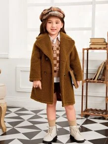 SHEIN Toddler Girls Double Breasted Lapel Neck Teddy Coat - Brown - View 1