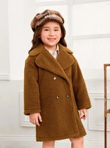 SHEIN Toddler Girls Double Breasted Lapel Neck Teddy Coat - Brown - View 4