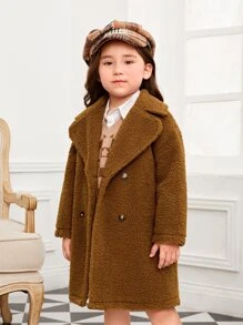 SHEIN Toddler Girls Double Breasted Lapel Neck Teddy Coat - Brown - View 5