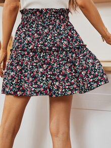 Ditsy Floral Paperbag Waist Ruffle Hem Skirt - Multicolor - View 2