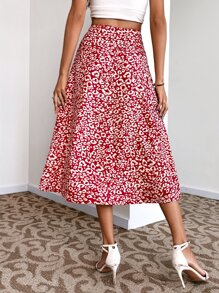 SHEIN Essnce 滿版圖案開衩大腿半身裙 - 紅色 - 查看 2