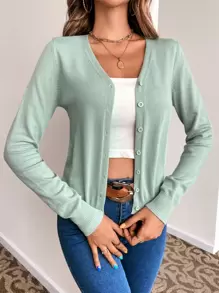 SHEIN LUNE Cárdigan unicolor con botón delantero - Verde - Ver 5