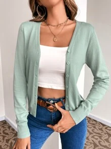 SHEIN LUNE Cárdigan unicolor con botón delantero - Verde - Ver 6