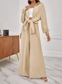 SHEIN Frenchy 落肩袖前紐扣直筒襯衫和闊腿褲