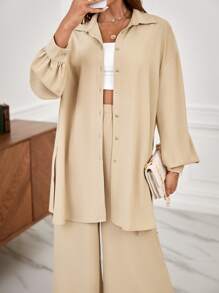 SHEIN Frenchy 落肩袖前紐扣直筒襯衫和闊腿褲