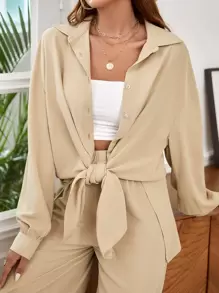 SHEIN Frenchy 落肩袖前紐扣直筒襯衫和闊腿褲