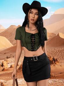 SHEIN Unity 西部風格金屬氣眼前繫帶短款T恤 - 軍綠色 - 查看 5
