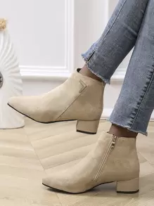 Side Zip Point Toe Chunky Heeled Suedette Classic Boots - Apricot - View 1