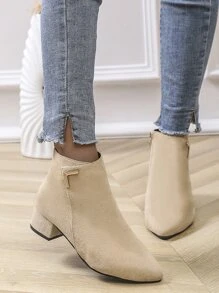 Side Zip Point Toe Chunky Heeled Suedette Classic Boots - Apricot - View 2