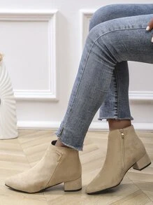 Side Zip Point Toe Chunky Heeled Suedette Classic Boots - Apricot - View 5