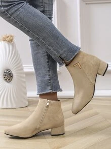 Side Zip Point Toe Chunky Heeled Suedette Classic Boots - Apricot - View 6