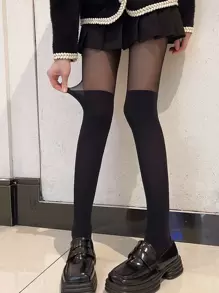 1pc Black Patchwork Faux Thigh High Plaid Lolita JK Stockings, Sexy Pantyhose - Black - View 3